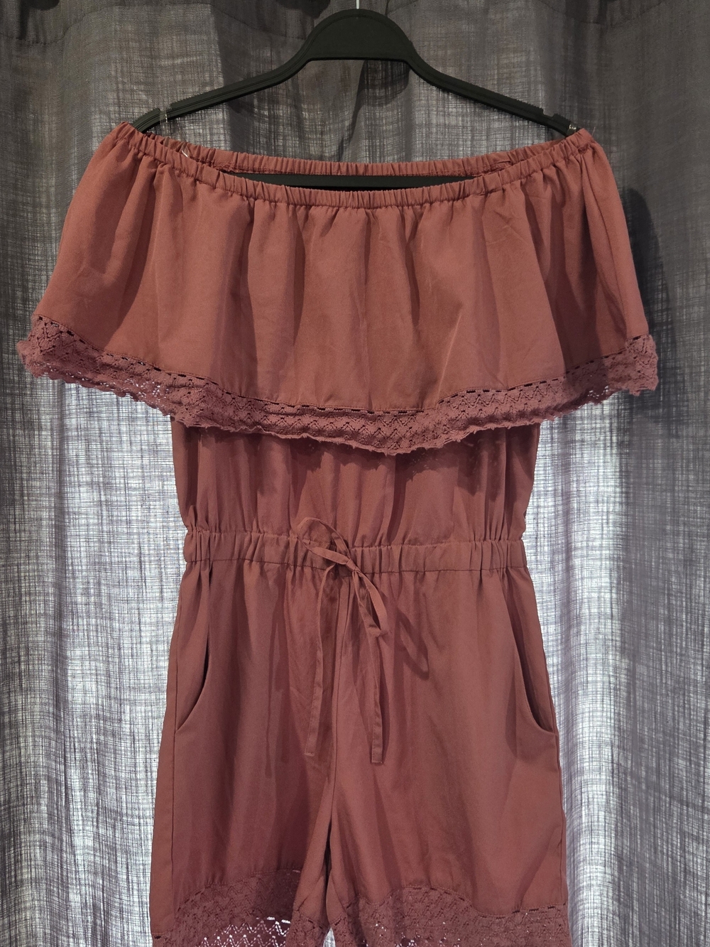Off-Shoulder Drawstring Romper in Dusty Rose